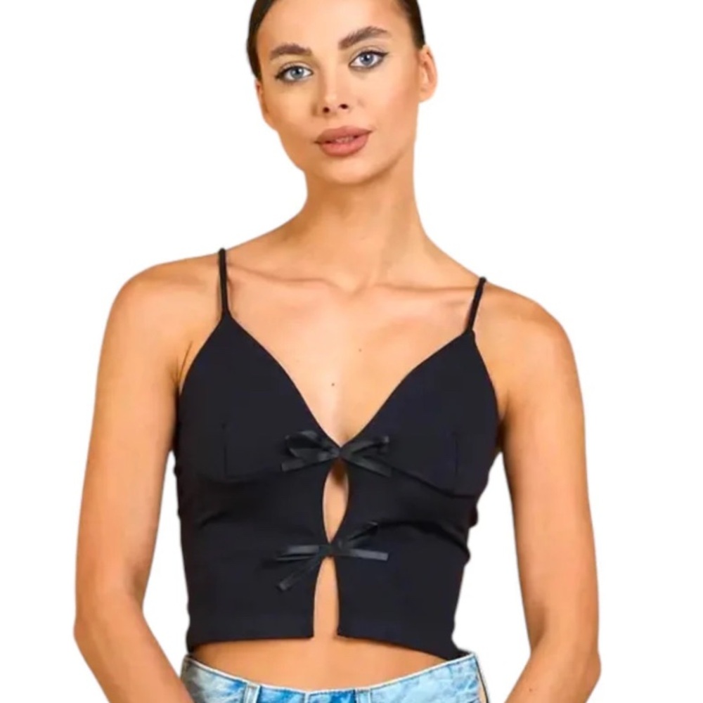 Black Crop Tank Cami with Cut Out Tie Front